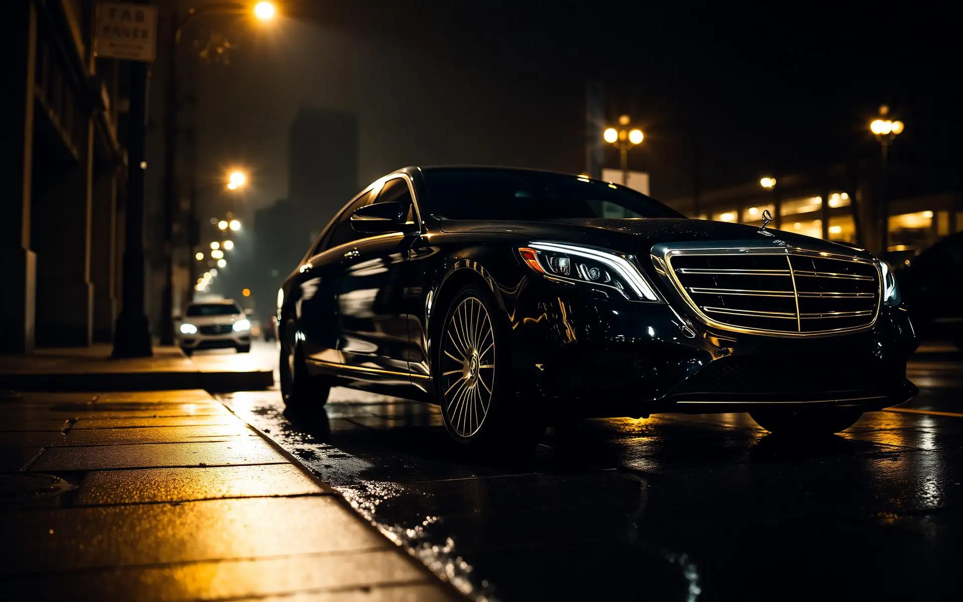 Black luxury limousine at night in Boston, PrimeClass chauffeur service
