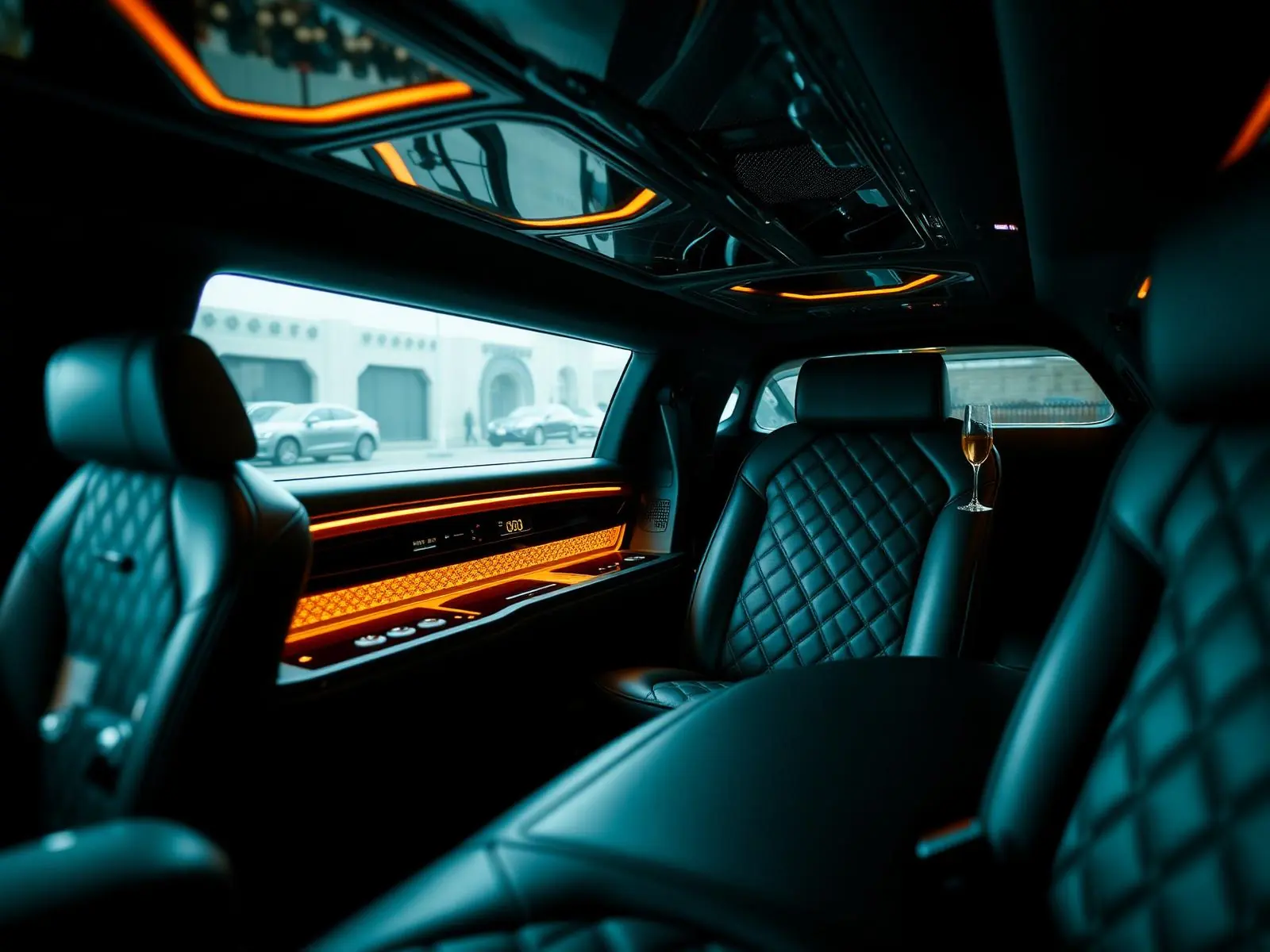 Leather rear cabin of a PrimeClass luxury chauffeur car in Boston