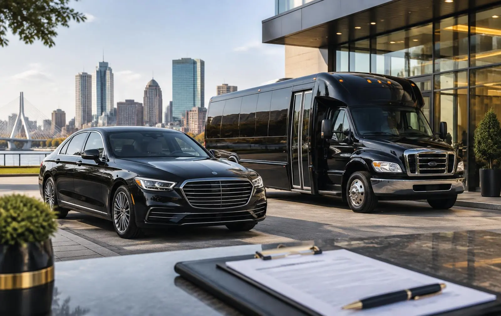 Black executive sedan and shuttle bus outside a Boston office with transportation compliance documents